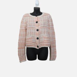 Anthropologie Knitted & Knotted sz Medium Button Front Cardigan Knit Tweed Pink